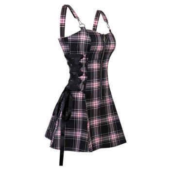 

Vintage Plaid Print Mini Dress Lace Up Gothic Dress O Ring Half Zipper Strap Sleeveless Dress, Light pink