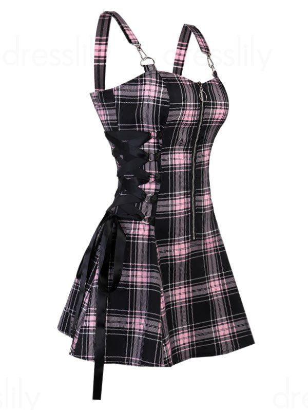 Vintage Plaid Print Mini Dress Lace Up Gothic Dress O Ring Half Zipper Strap Sleeveless Dress - LIGHT PINK XL