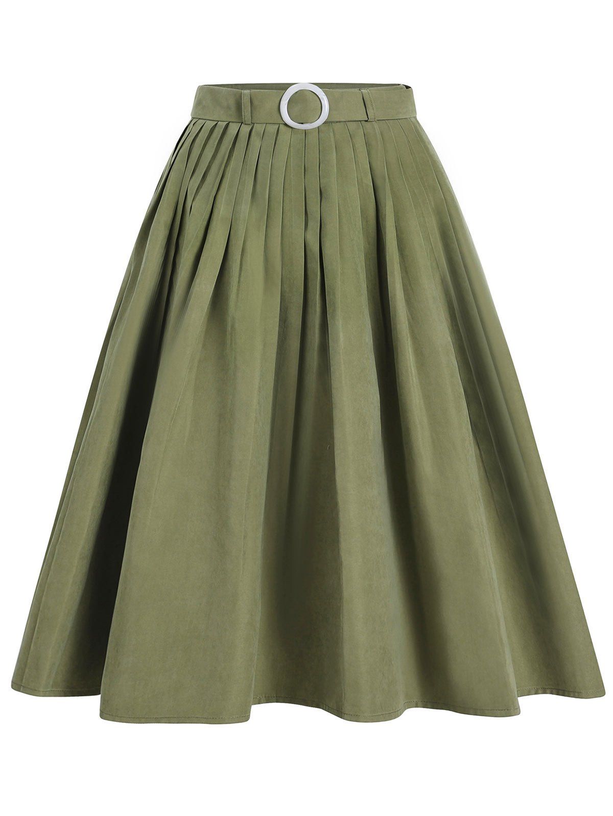 O Ring Belted Pleated Midi Skirt - LIGHT GREEN XL
