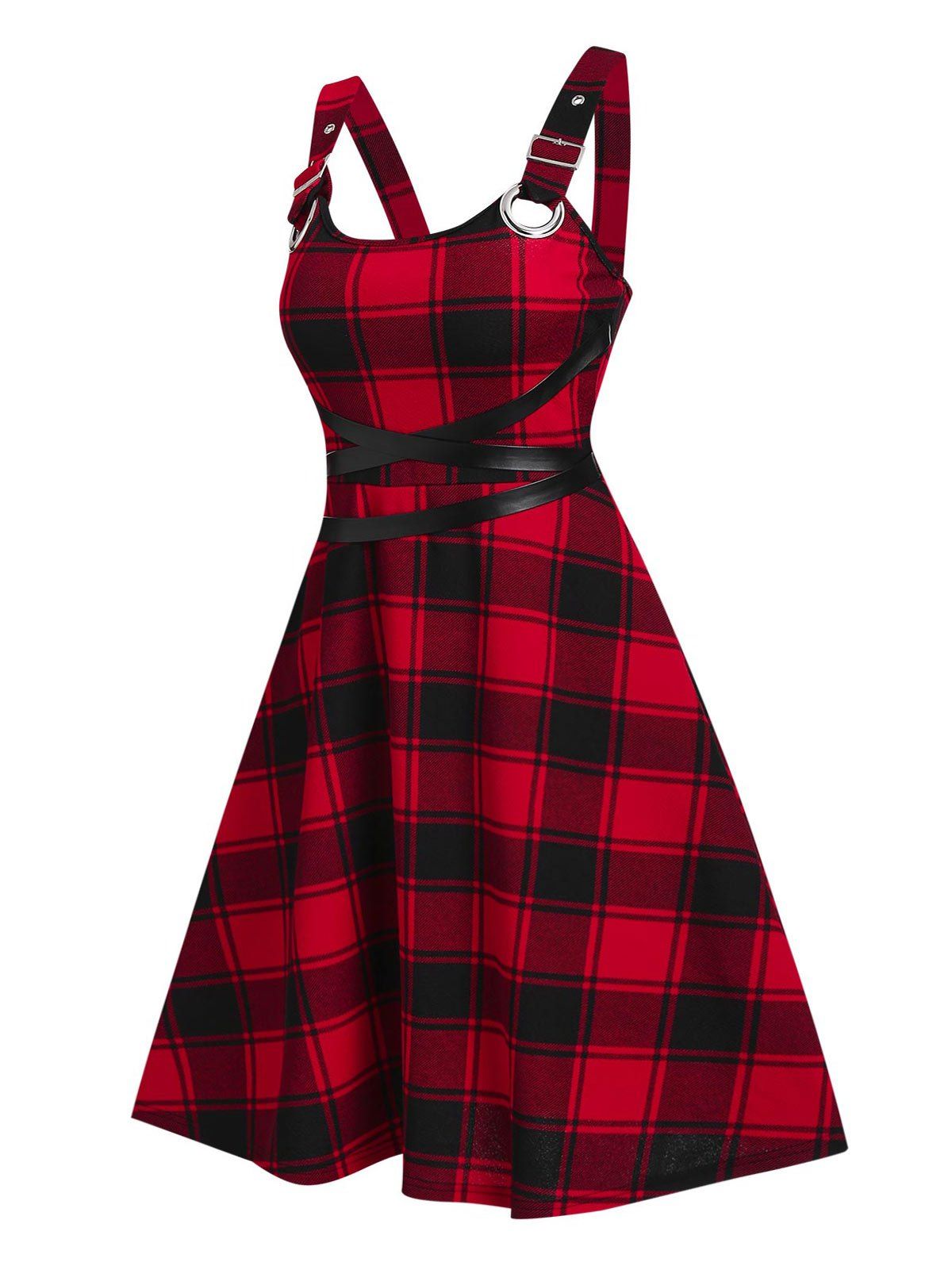 Punk Plaid Buckled Straps Flare Dress - DEEP RED XL
