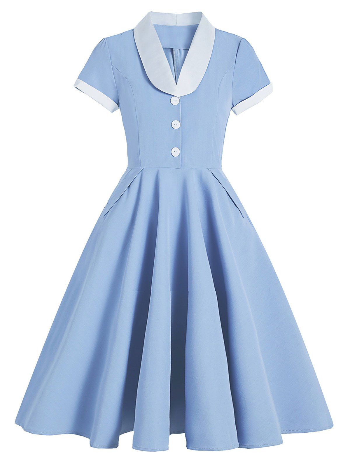 Colorblock Mock Button Rolled Cuff Pocket Dress - LIGHT BLUE L