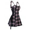 Vintage Plaid Print Mini Dress Lace Up Gothic Dress O Ring Half Zipper Strap Sleeveless Dress