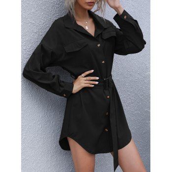 

Button Up Pockets Belted Shirt Dress, Black