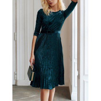 

Velour Pleated Belted Dress, Deep green
