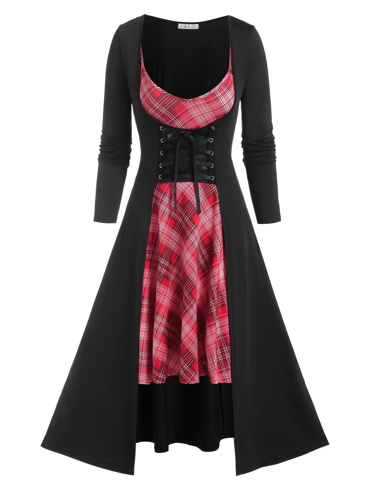 Corset Waist Lace Up Longline Top and Plaid Mini Cami Dress - RED XXL