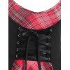 Corset Waist Lace Up Longline Top and Plaid Mini Cami Dress - RED M
