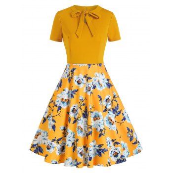 

Back Zipper Bow Tie Half Floral Dress, Deep yellow