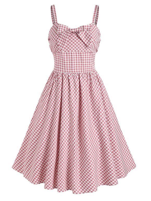 Bowknot Gingham Ruched Swing Dress - LIGHT PINK M