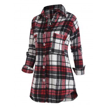 

Plaid Pocket Flannel Longline Shacket, Red