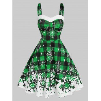 

Christmas Plaid Snowflake Print Sleeveless Dress, Green