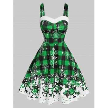 Christmas Plaid Snowflake Print Sleeveless Dress