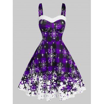 

Christmas Party Dress Plaid Snowflake Print Sleeveless Dress, Purple