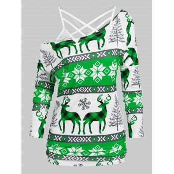 

Christmas Deer Snowflake Print T-shirt with Flower Lace Cami Top, Green