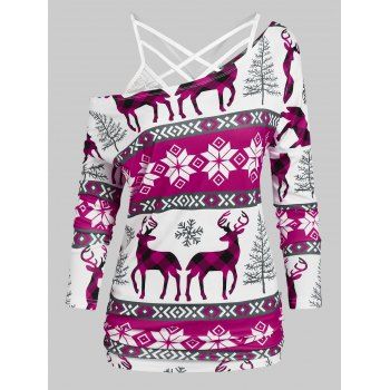 

Christmas Deer Snowflake Print T-shirt with Flower Lace Cami Top, Purple