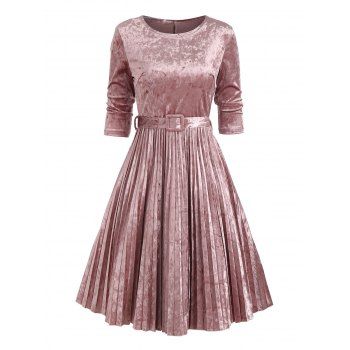 

Velour Pleated Belted Dress, Light pink