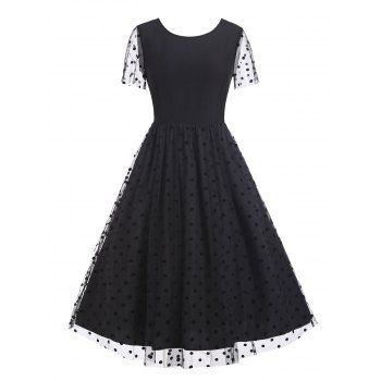 

Vintage Gothic Polka Dot Sheer Mesh Overlay A Line Party Dress, Black