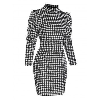 

Houndstooth High Collar Gigot Sleeve Slinky Dress, Black