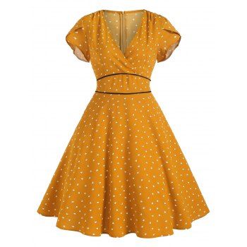 

Seam Pockets Tulip Sleeve Heart Surplice Dress, Deep yellow