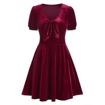 Vintage Retro Velvet Knotted Puff Sleeve A Line Mini Dress dresslily imagine noua 2022