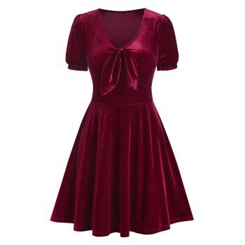 

Vintage Retro Velvet Knotted Puff Sleeve A Line Mini Dress, Deep red