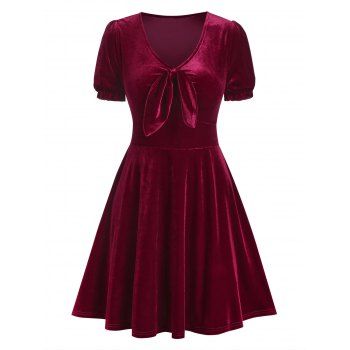 

Vintage Retro Velvet Knotted Puff Sleeve A Line Mini Dress, Deep red