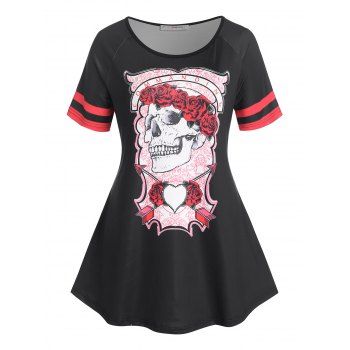

Plus Size Flower Skull Print Stripe Sleeve Tee, Black