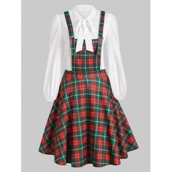 

Knee Length Plaid Pinafore Dress with Bowknot Collar Blouse, Red