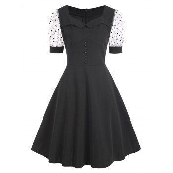 

Puff Sleeve Mesh Panel Dotted Flocked Milkmaid Dress, Black