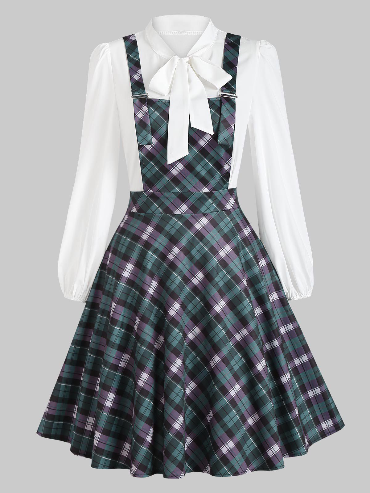 Knee Length Plaid Pinafore Dress with Bowknot Collar Blouse - DEEP GREEN XL