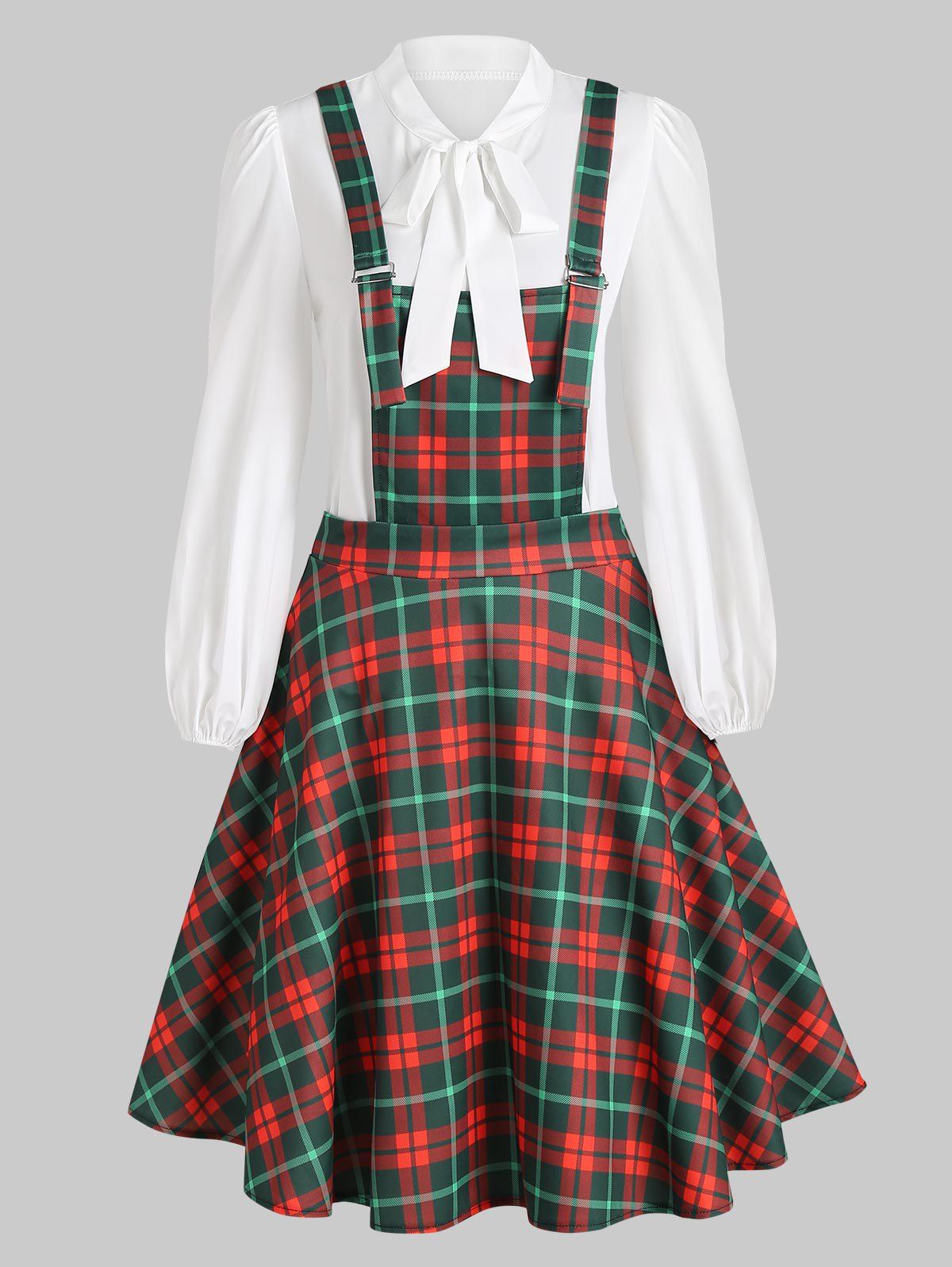 Knee Length Plaid Pinafore Dress with Bowknot Collar Blouse 