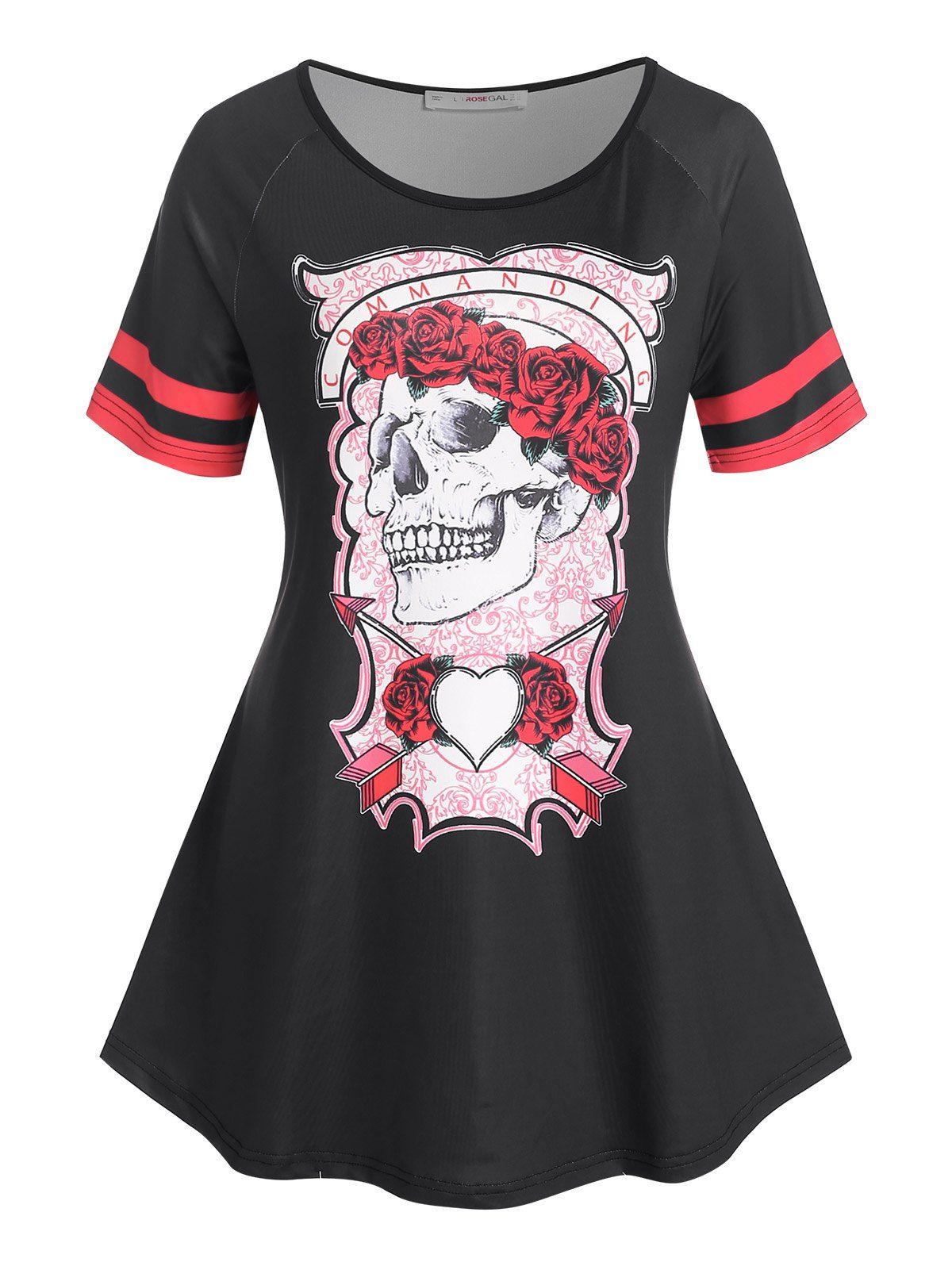 T-shirt à Imprimé Crâne Floral à Manches Rayées Grande Taille - Noir 4X