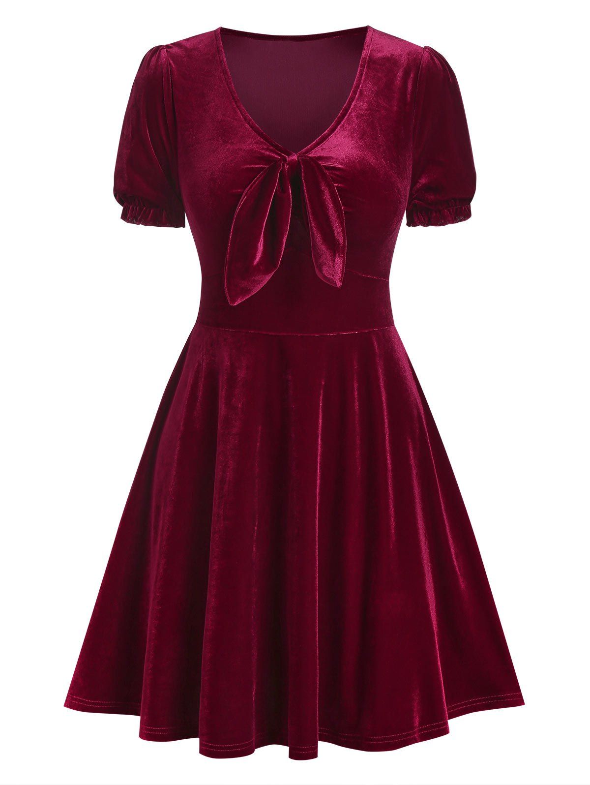Vintage Retro Velvet Knotted Puff Sleeve A Line Mini Dress - DEEP RED L