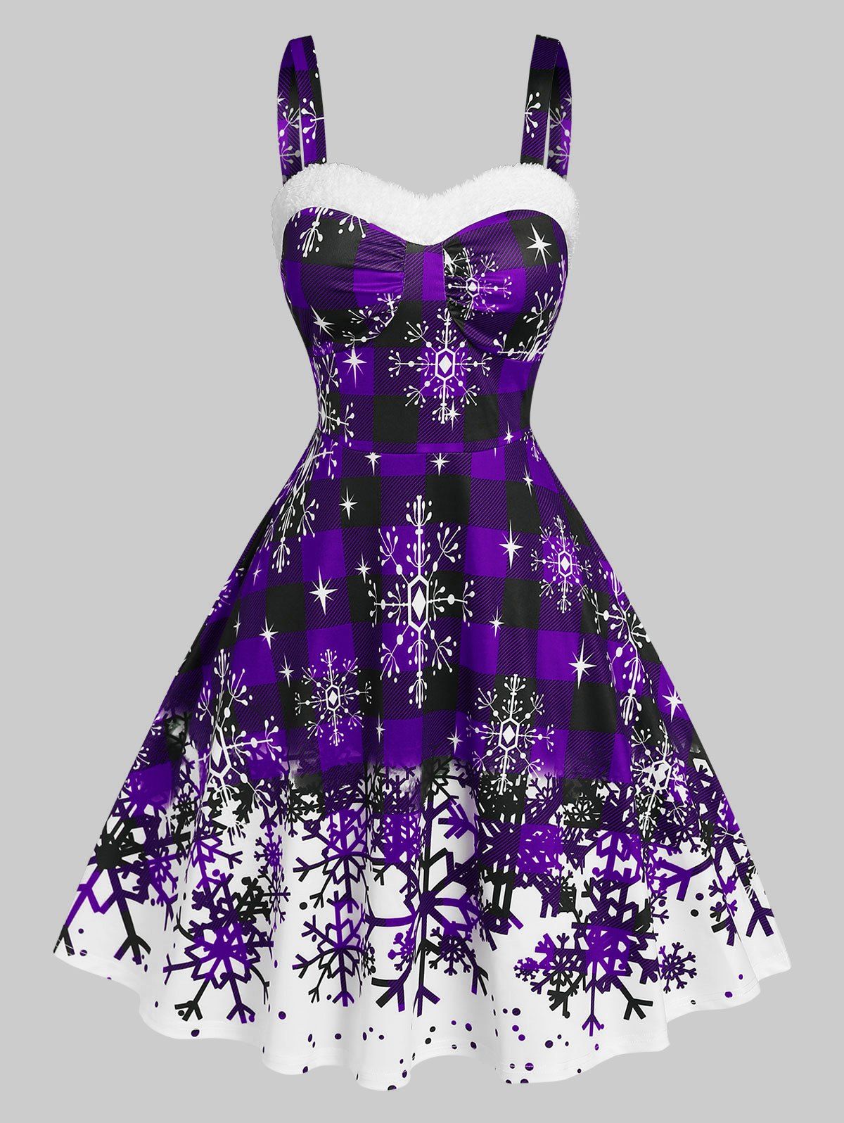 Christmas Party Dress Plaid Snowflake Print Sleeveless Dress - PURPLE XL