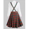 Knee Length Plaid Pinafore Dress with Bowknot Collar Blouse - RED S