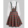 Knee Length Plaid Pinafore Dress with Bowknot Collar Blouse - RED M