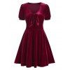Vintage Retro Velvet Knotted Puff Sleeve A Line Mini Dress - DEEP RED L