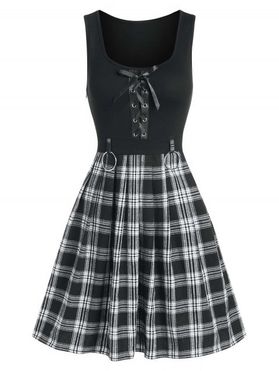 Gothic Lace Up O Ring Plaid Dress