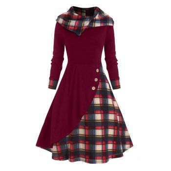 

Plaid Hooded Mock Button Overlap Midi Dress, Deep red