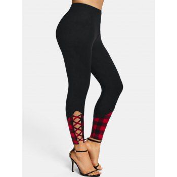 

Plaid Print Criss-cross Skinny Leggings, Black