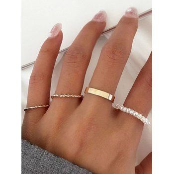 

4 Pcs Twist Alloy Faux Pearl Beading Ring Set, Golden