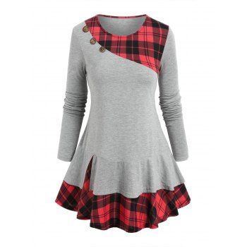 

Plaid Print Curved Hem Faux Twinset T-shirt, Light gray