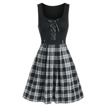 Gothic Lace Up O Ring Plaid Dress