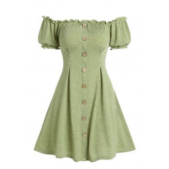 

Off Shoulder Frilled Puff Sleeve A Line Dress, Light green
