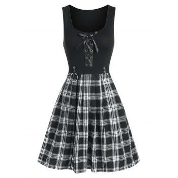 

Plaid Print Mini Dress Lace Up Combo Dress Sleeveless A Line Dress, Black