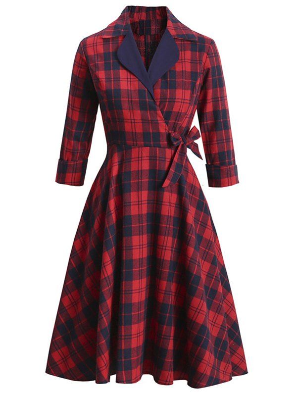 Plaid Print Vintage Dress Bowknot Surplice Dress Contrast Lapel Three Quarter Sleeve A Line Dress - RED M