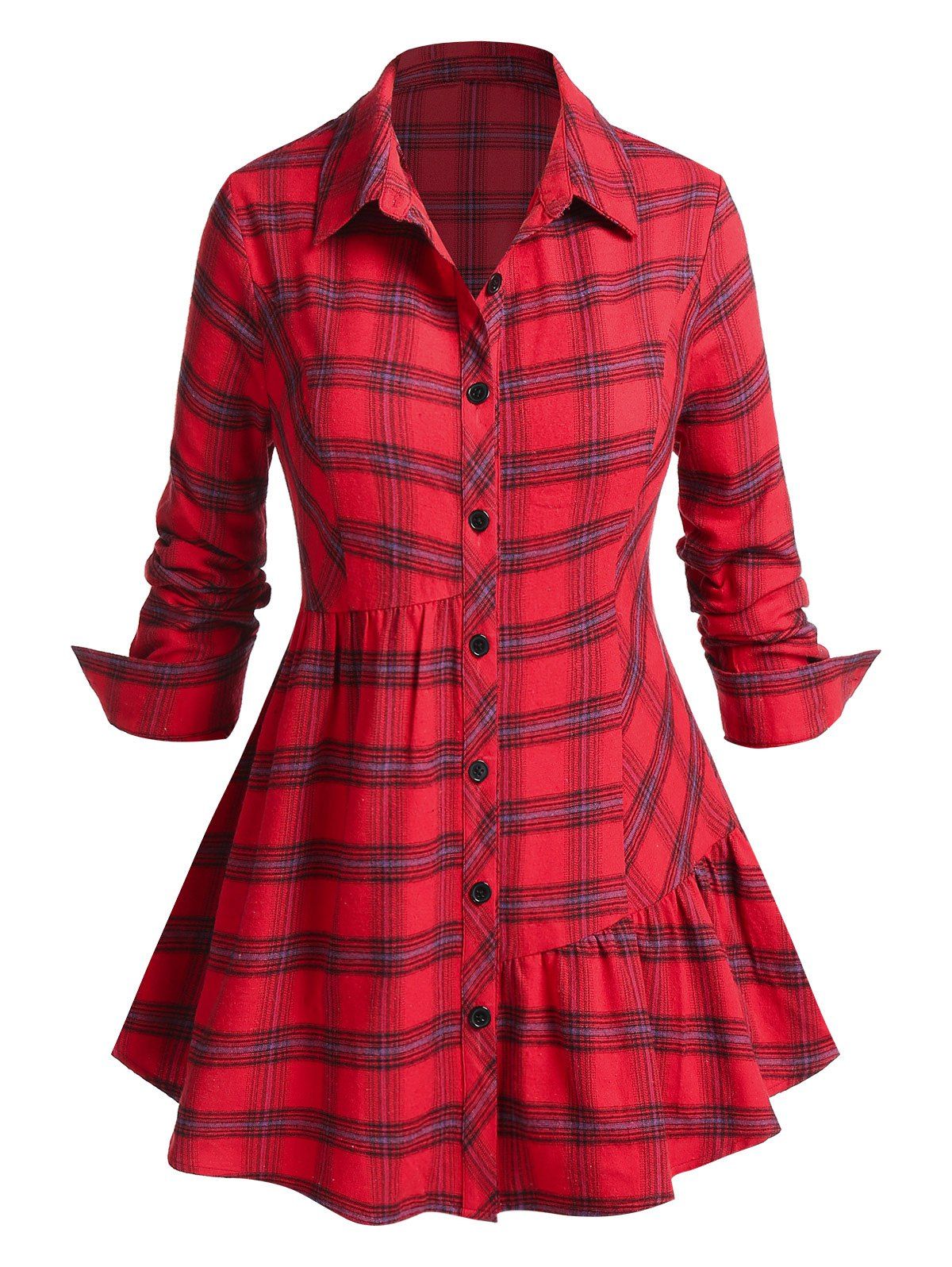 Plus Size Striped Plaid Skirted Flounce Shirt - RED 5X