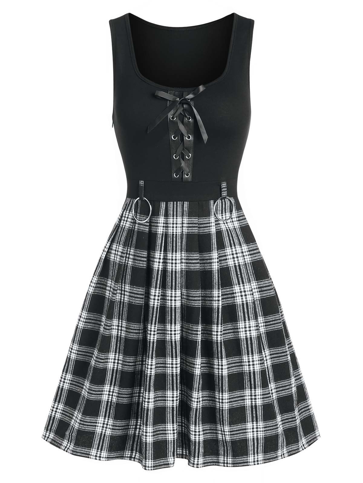 Gothic Lace Up O Ring Plaid Dress - BLACK XXL