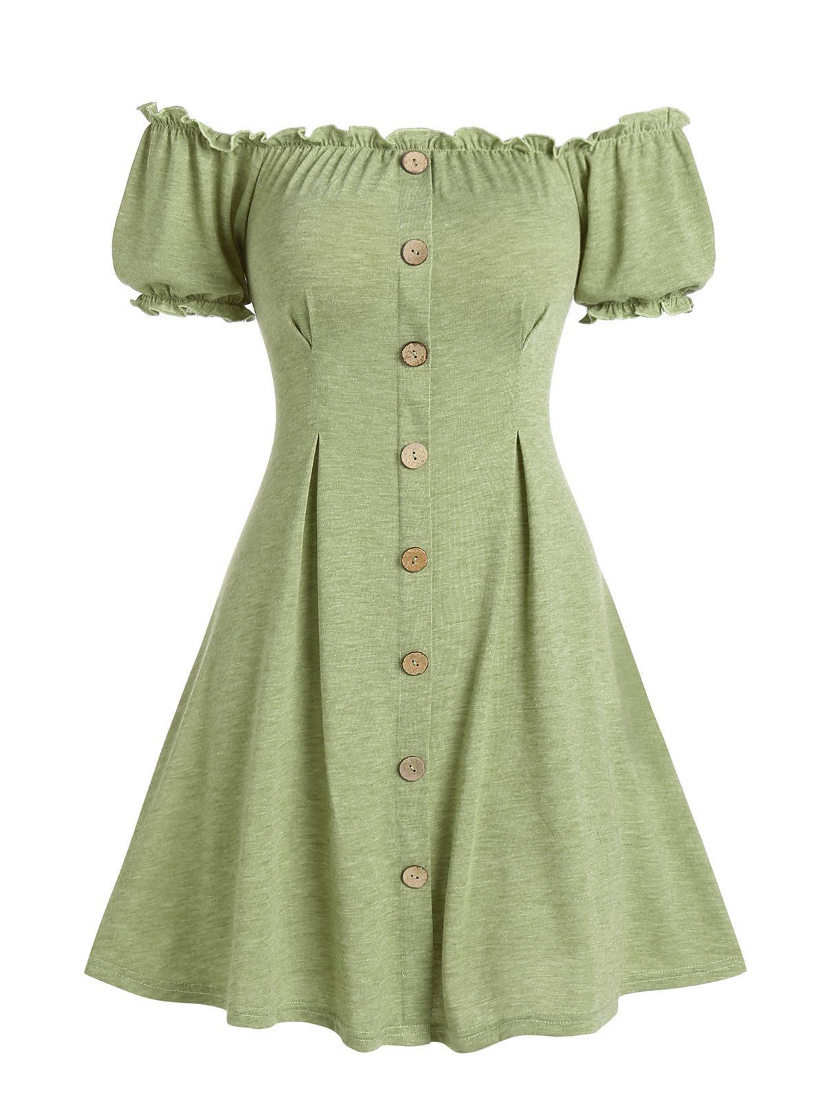Off Shoulder Frilled Puff Sleeve A Line Dress - LIGHT GREEN XL