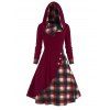 Robe Mi-Longue à Capuche Superposée à Carreaux avec Bouton - Rouge foncé XXL