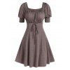 Vintage Ruched Bust Gigot Puff Sleeve Tied A Line High Rise Dress - DEEP COFFEE XXL